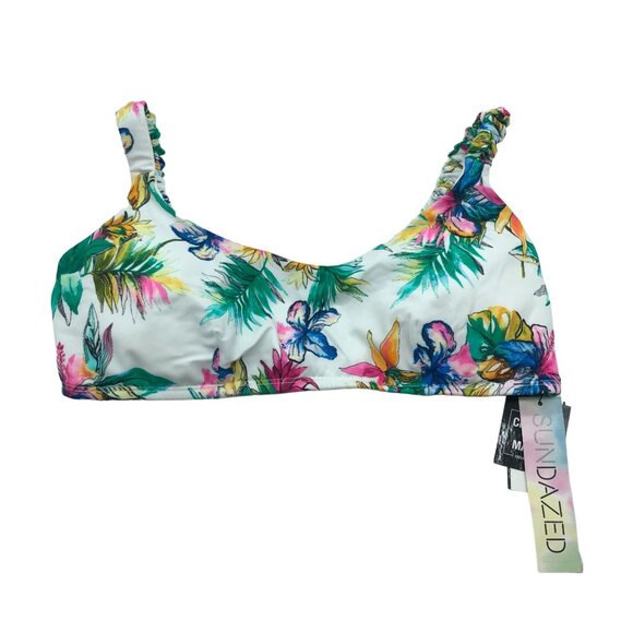 Sundazed Floral Bikini Swim Top Shirred-Strap White Pink S - Picture 3 of 5